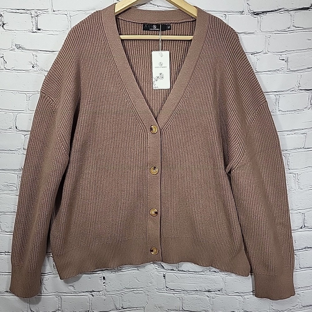 LILLUSORY Womens Cardigan Sweater Size XL Brown Oversized Academia Preppy NEW
